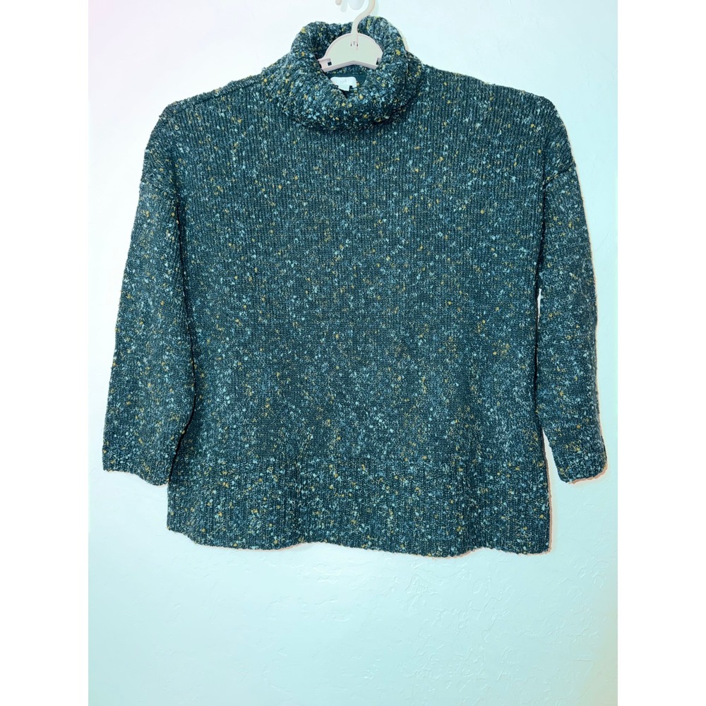 J Jill Marled Turtleneck Chunky Knit Sweater XL Teal Green Cotton Blend Pullover
